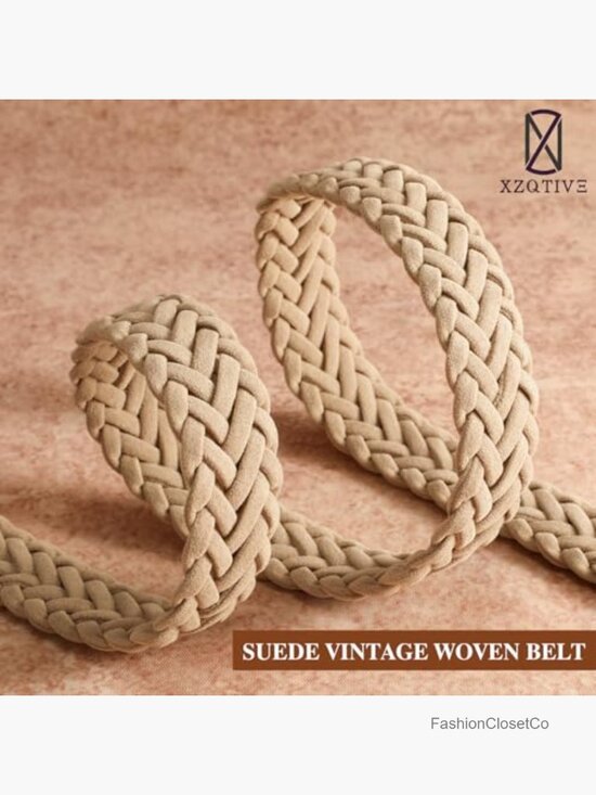 Braided Suede Belt with Gold Buckle - Adjustable Woven No-Hole Fit for Dresses